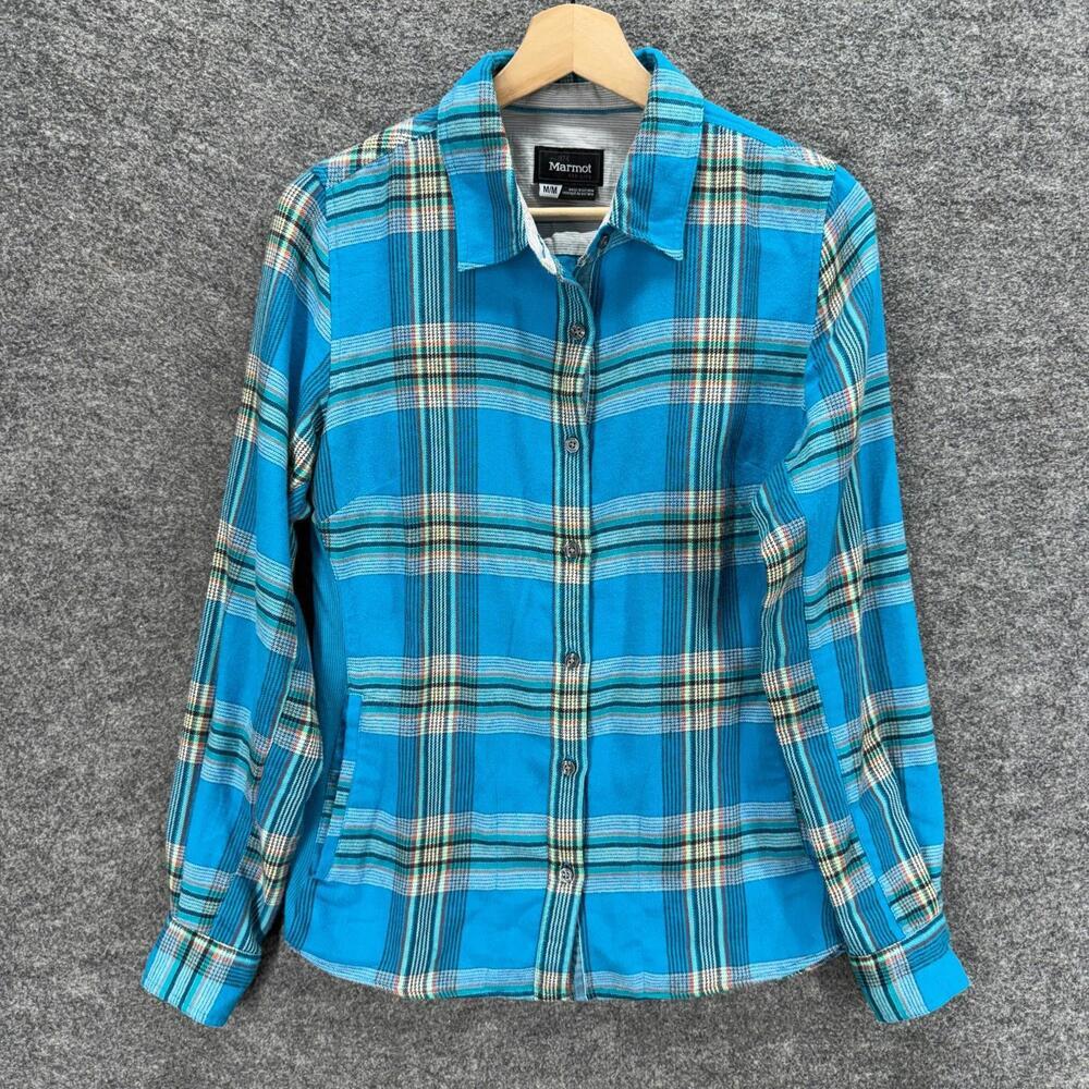 Marmot Shirt Women M Medium Blue Plaid Button Up Collared Long Sleeve Cotton